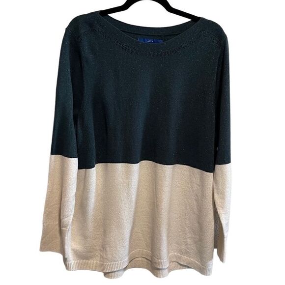 Apt. 9- Dark Green & Cream Color Block Sweater with Pointelle Knit, Size XXL - Picture 1 of 8